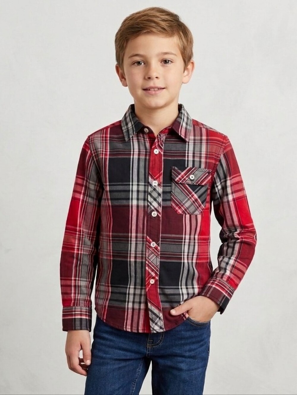 Faded Glory Boys Red Long Sleeve Button Up Shirt Size Medium (8) GUC